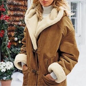 Victoria’s Secret VINTAGE Gallery Leather Shearling Faux Fur Hooded Jacket Coat